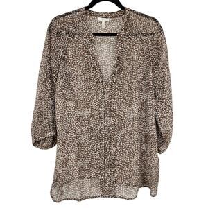 Joie Brown and White 100% Silk 3/4 Sleeve V-Neck Top Size Medium